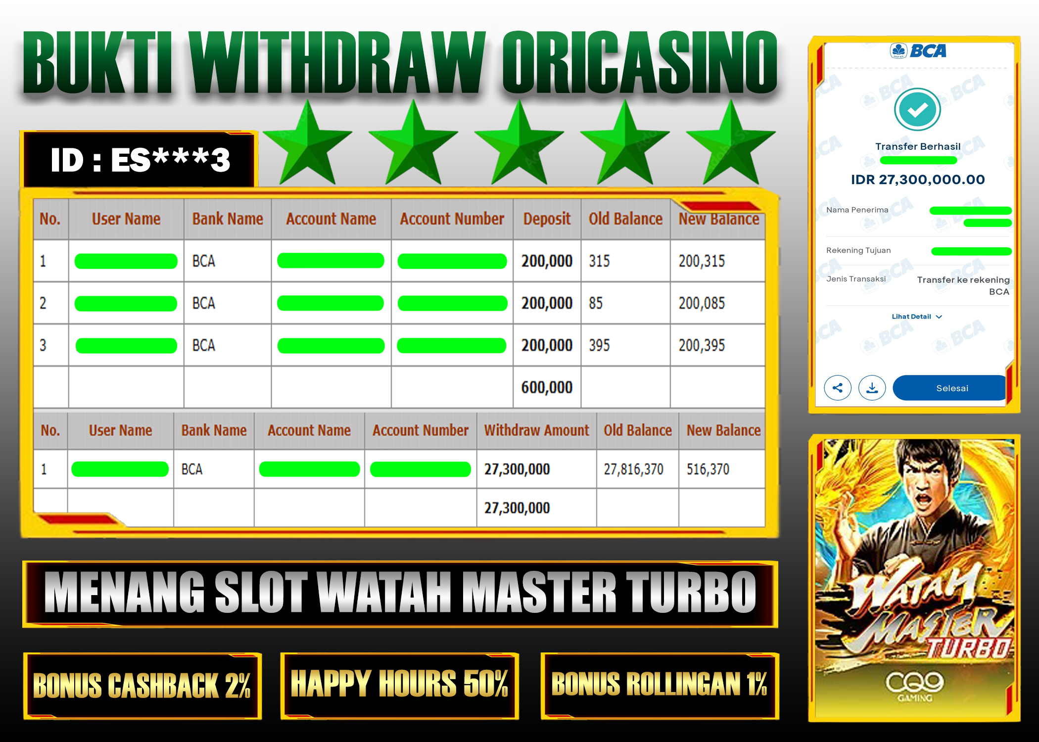 BUKTI KEMENANGAN SLOT WATAH MASTER TURBO PROVIDER CQ9